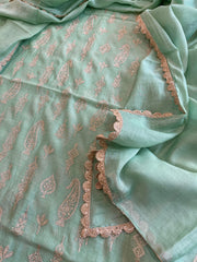 Aqua Green Suit Set with Gold Thread & Sequin Work in Pure Mul - Masakalee