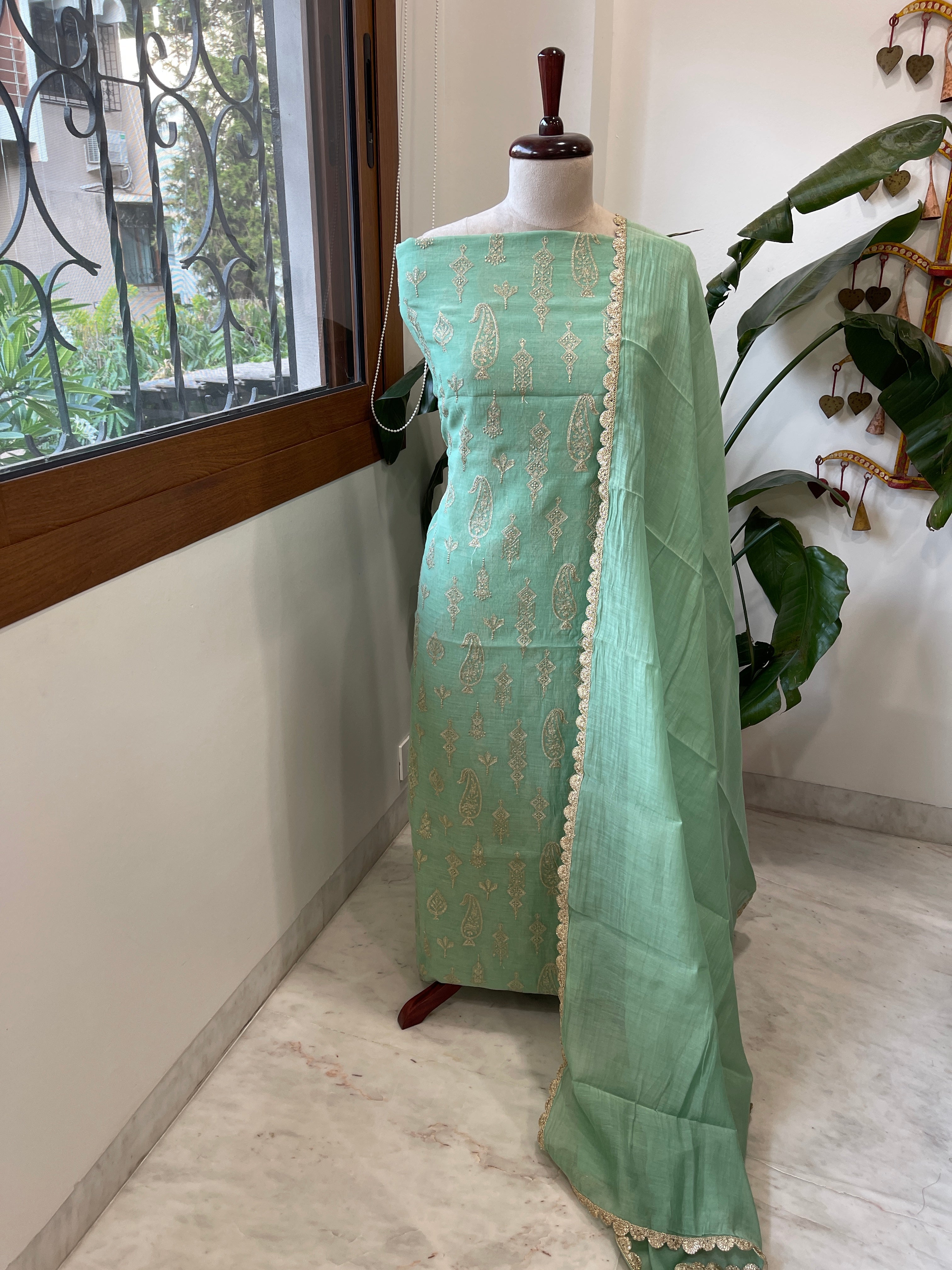 Aqua Green Suit Set with Gold Thread & Sequin Work in Pure Mul - Masakalee