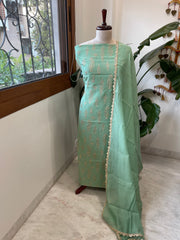 Aqua Green Suit Set with Gold Thread & Sequin Work in Pure Mul - Masakalee