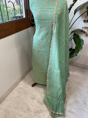 Aqua Green Suit Set with Gold Thread & Sequin Work in Pure Mul - Masakalee