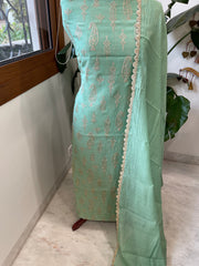 Aqua Green Suit Set with Gold Thread & Sequin Work in Pure Mul - Masakalee