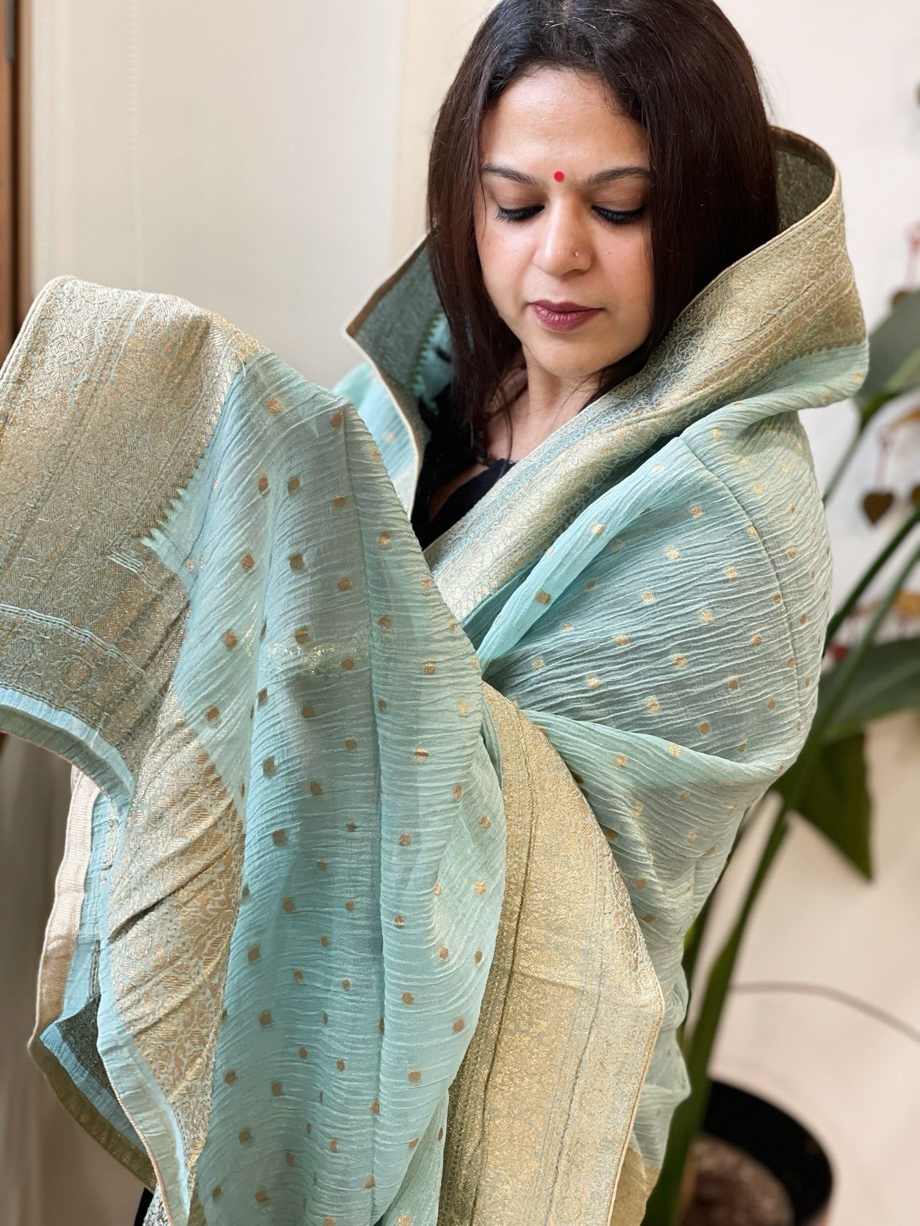Aqua Green Woven Banarasi Dupatta in Tissue - Masakalee