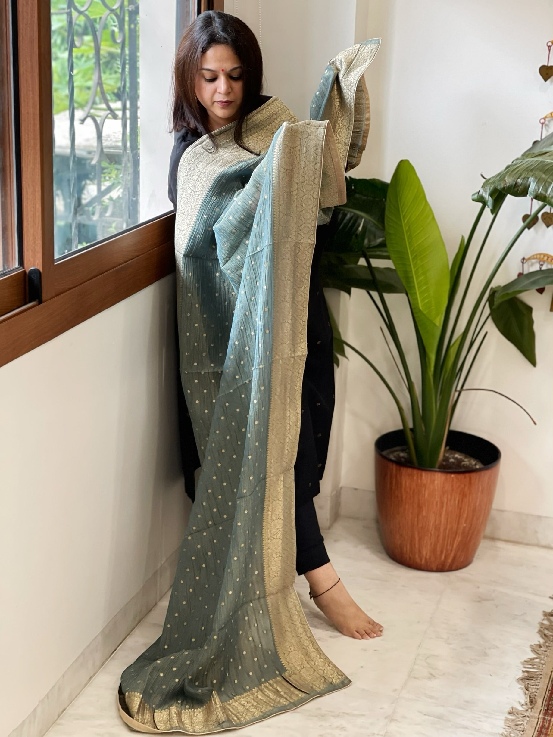 Aqua Green Woven Banarasi Dupatta in Tissue - Masakalee