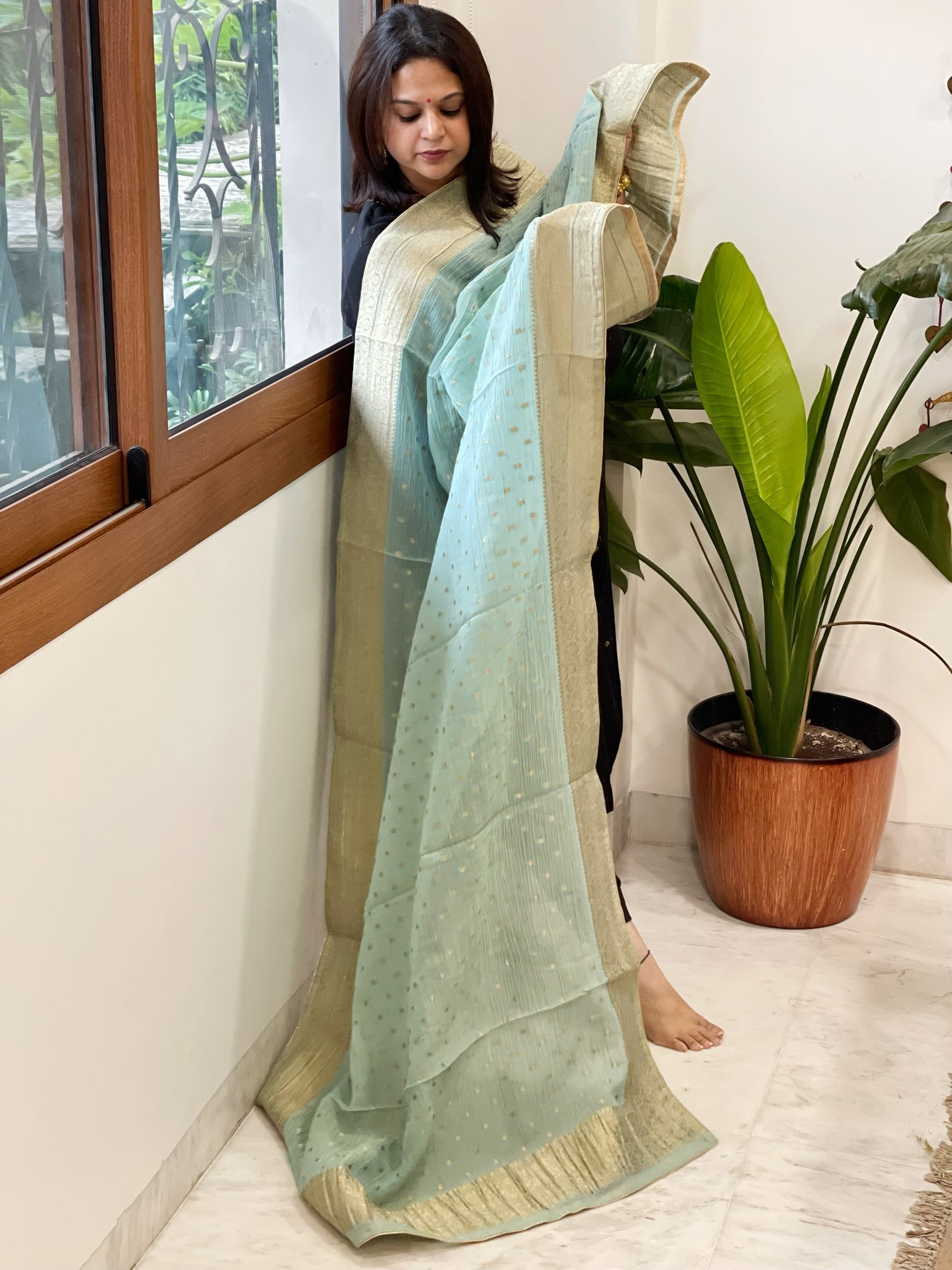 Aqua Green Woven Banarasi Dupatta in Tissue - Masakalee