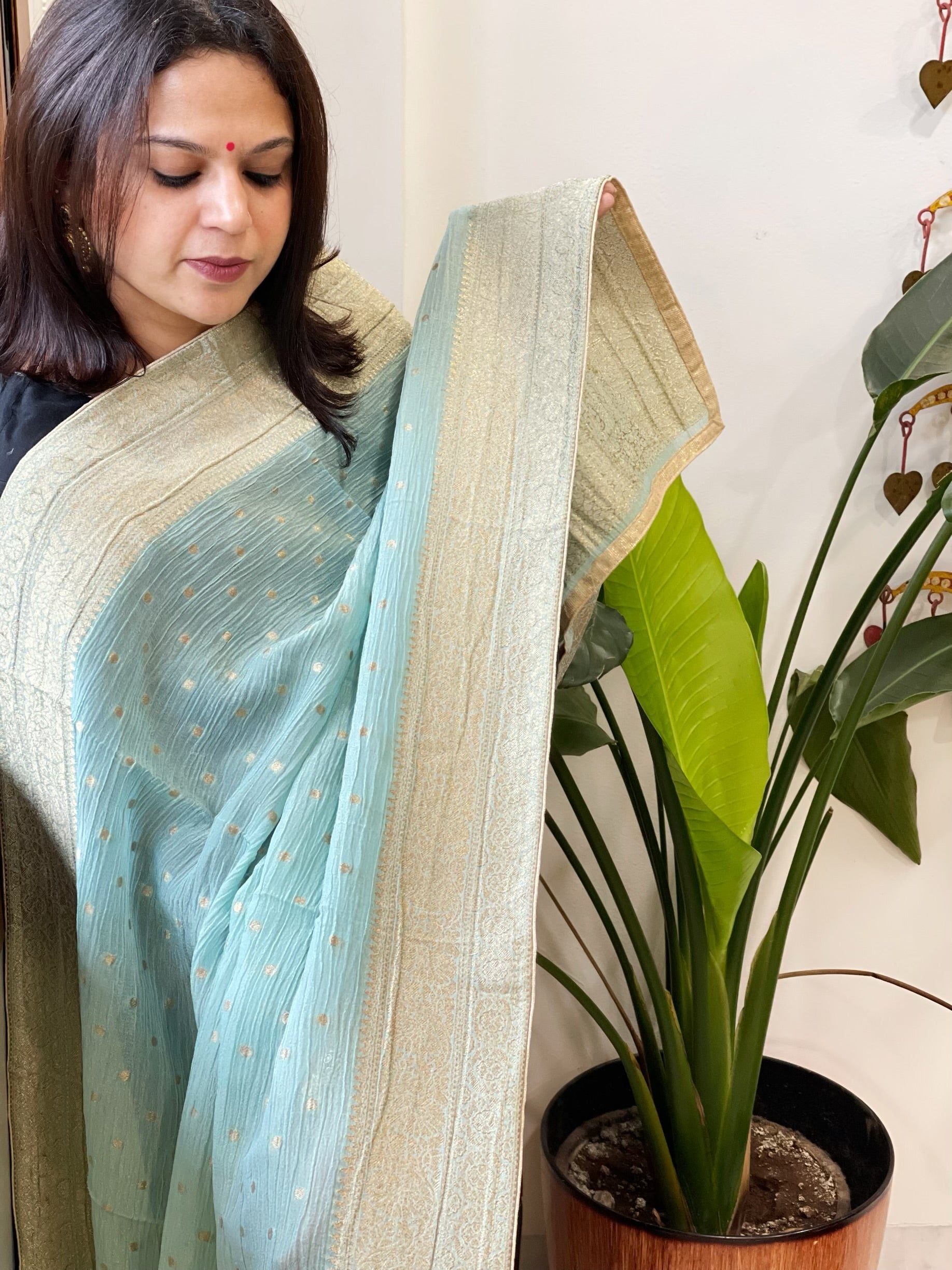 Aqua Green Woven Banarasi Dupatta in Tissue - Masakalee