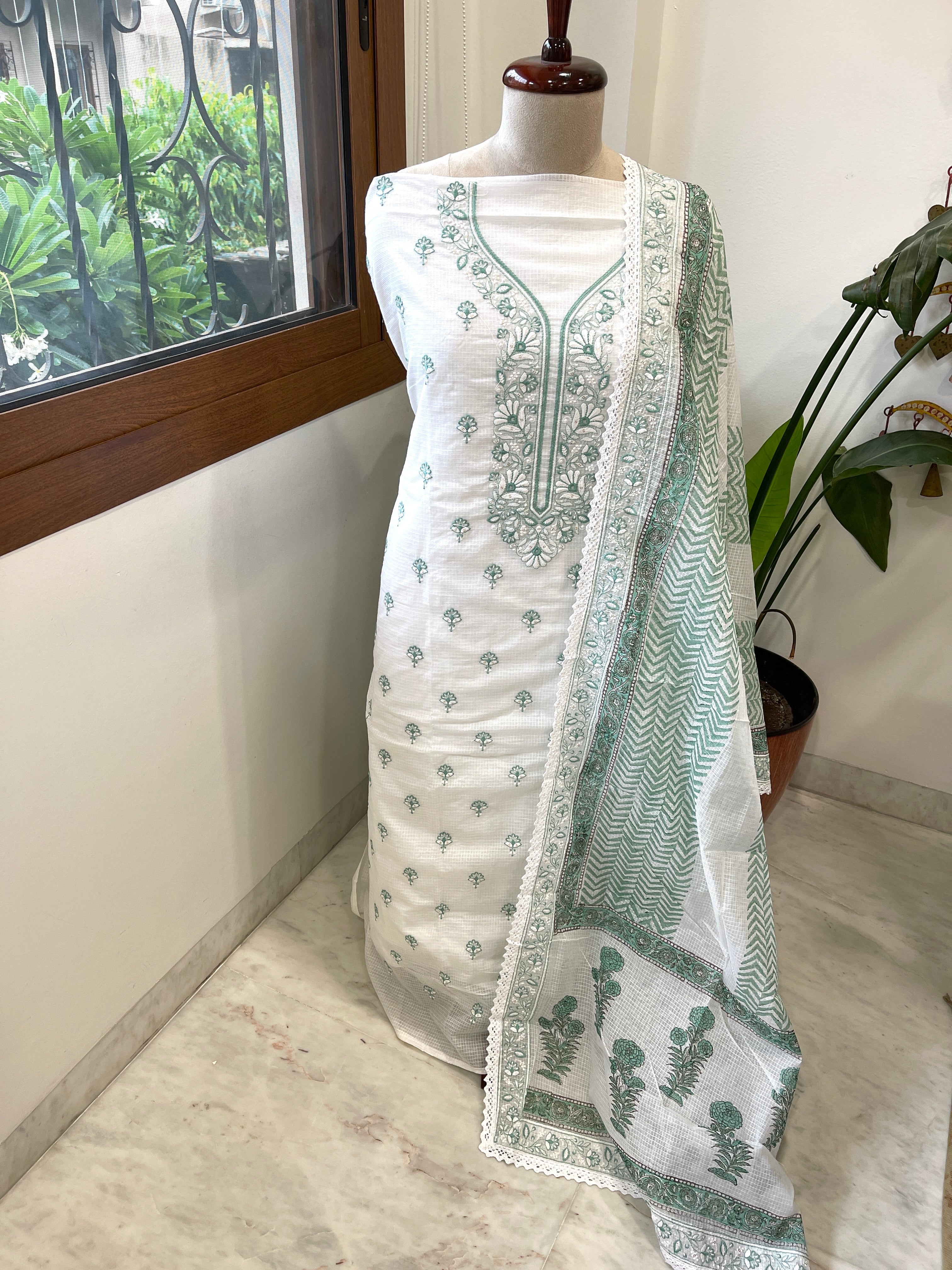 Aqua Handblock Printed Embroidered Suit Set in Kota Cotton - Masakalee