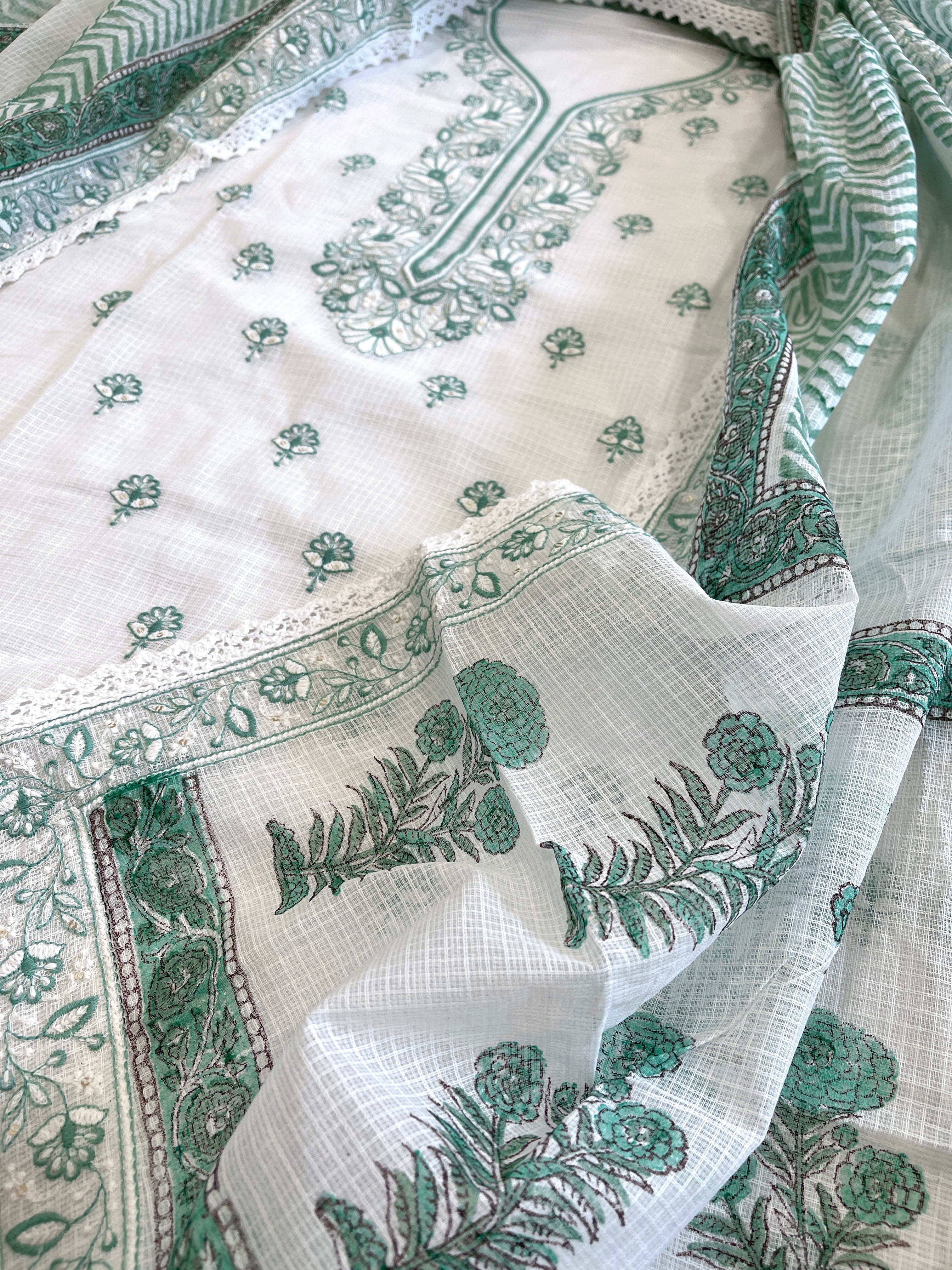 Aqua Handblock Printed Embroidered Suit Set in Kota Cotton - Masakalee
