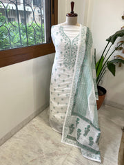 Aqua Handblock Printed Embroidered Suit Set in Kota Cotton - Masakalee