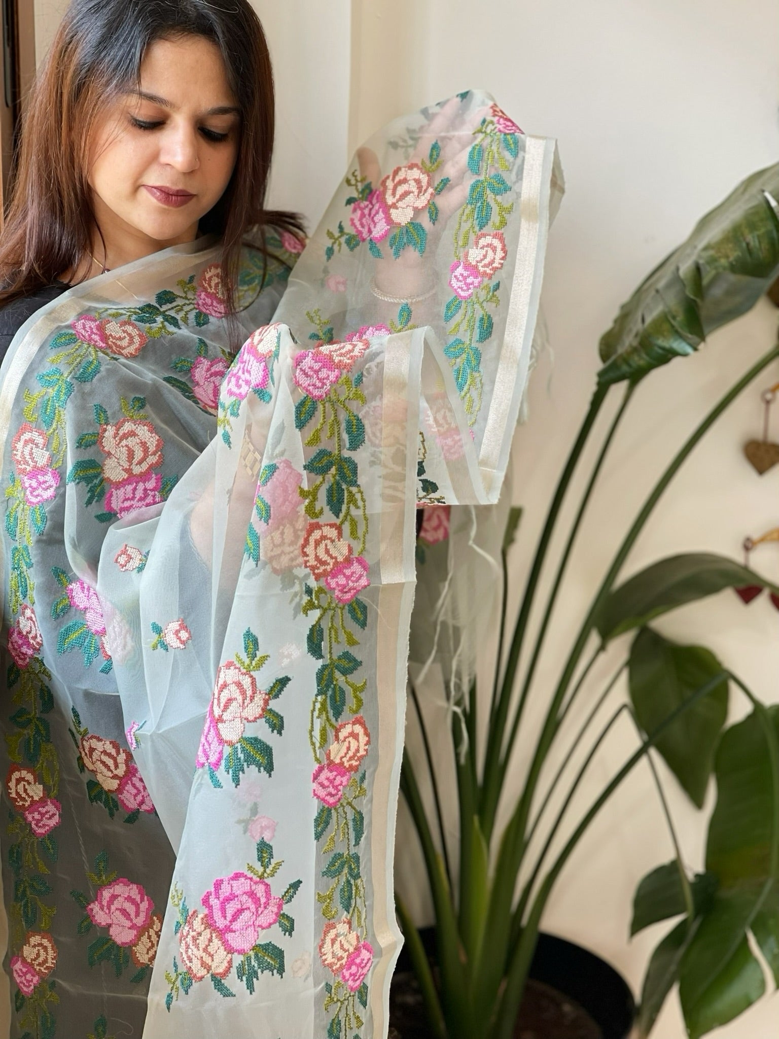 Aqua Organza Dupatta with Cross - Stitch Embroidery - Masakalee