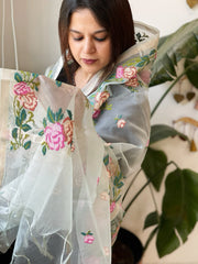 Aqua Organza Dupatta with Cross - Stitch Embroidery - Masakalee