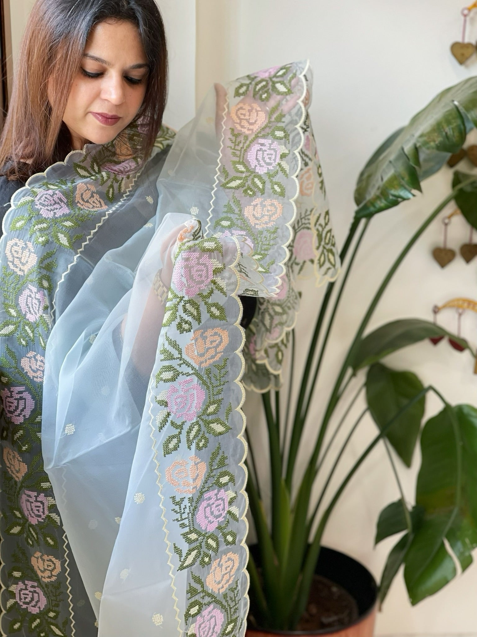 Aqua Organza Dupatta with Cross - Stitch Embroidery - Masakalee