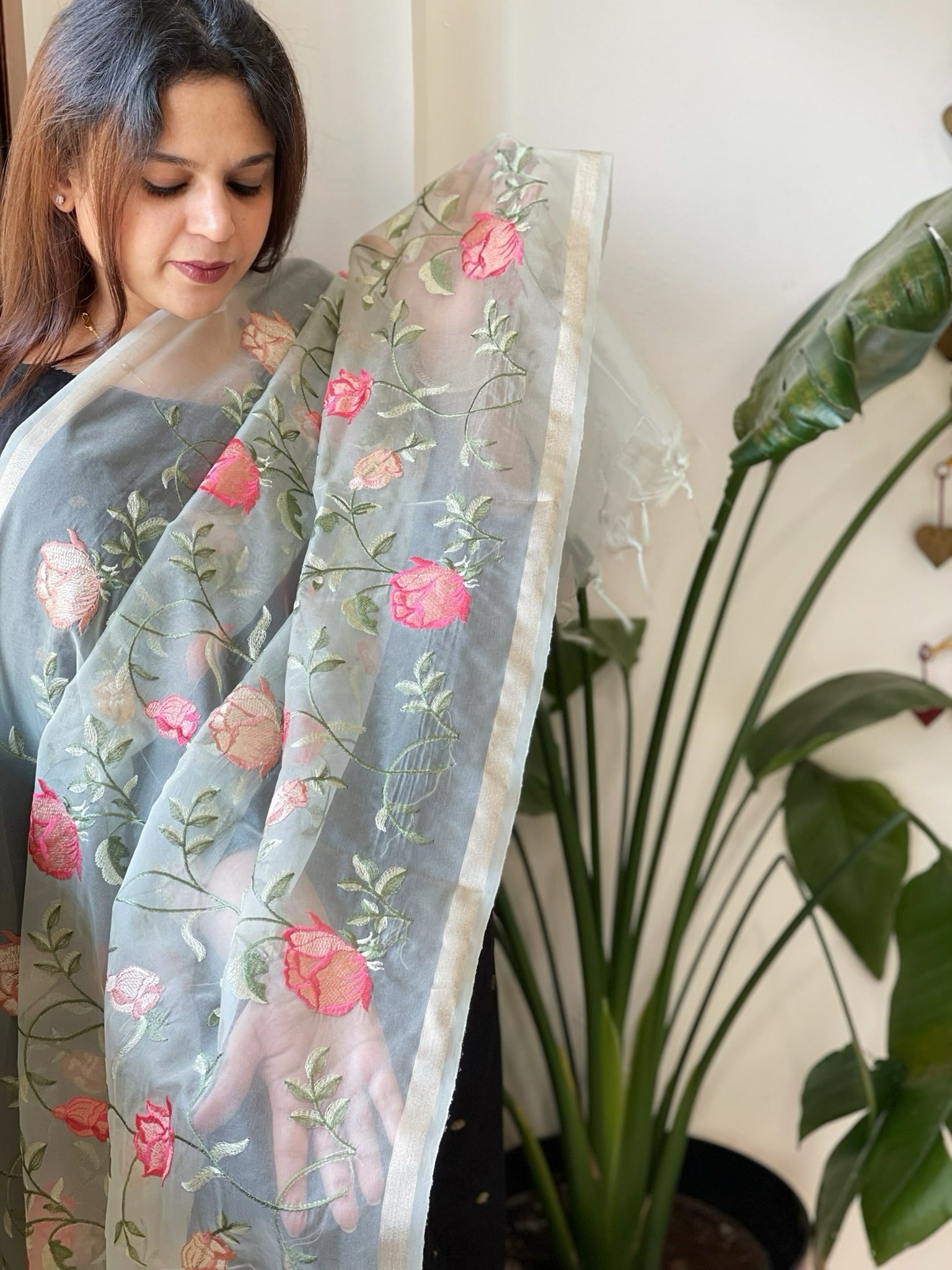 Aqua Organza Dupatta with Thread Embroidery - Masakalee