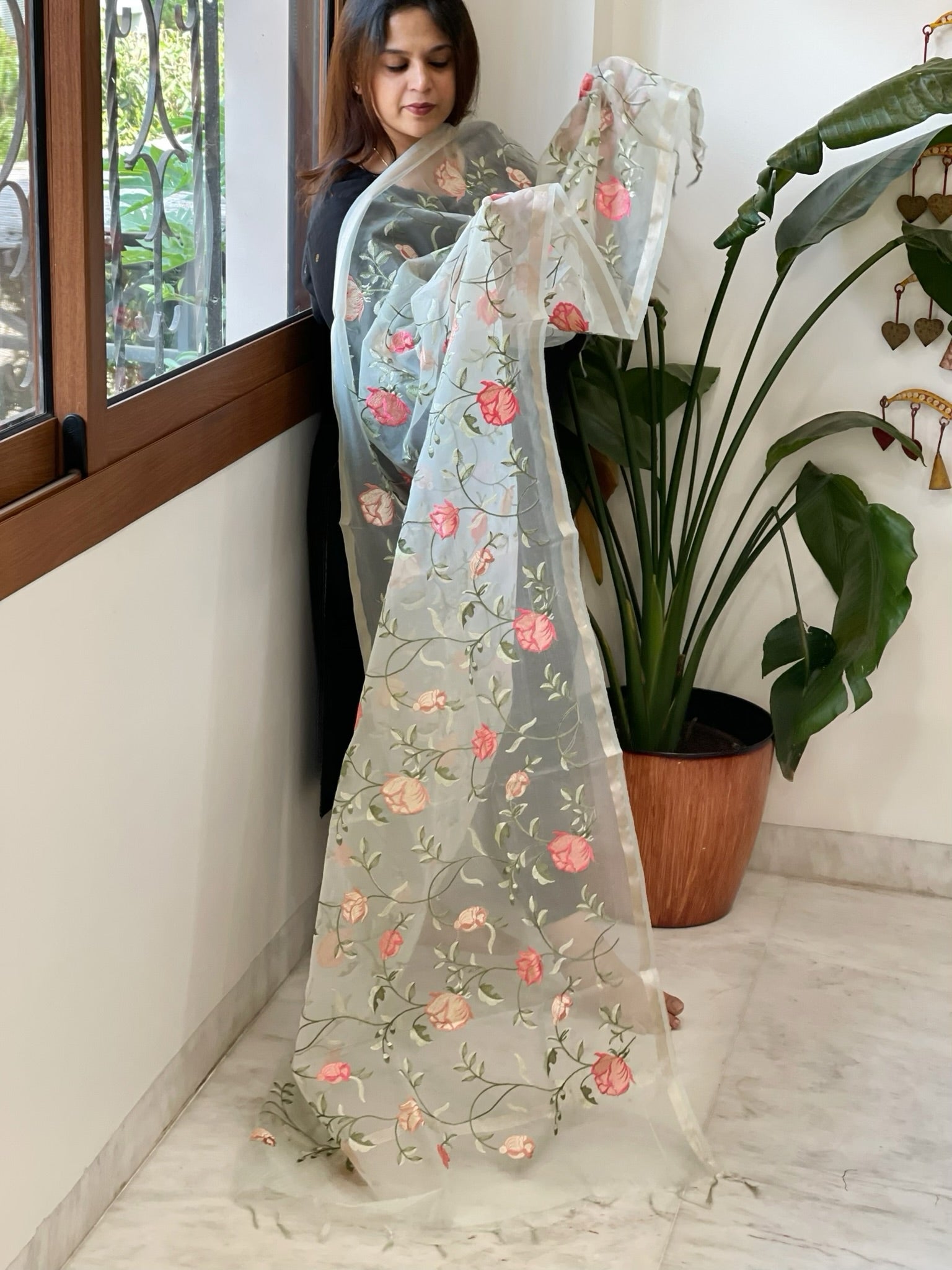 Aqua Organza Dupatta with Thread Embroidery - Masakalee