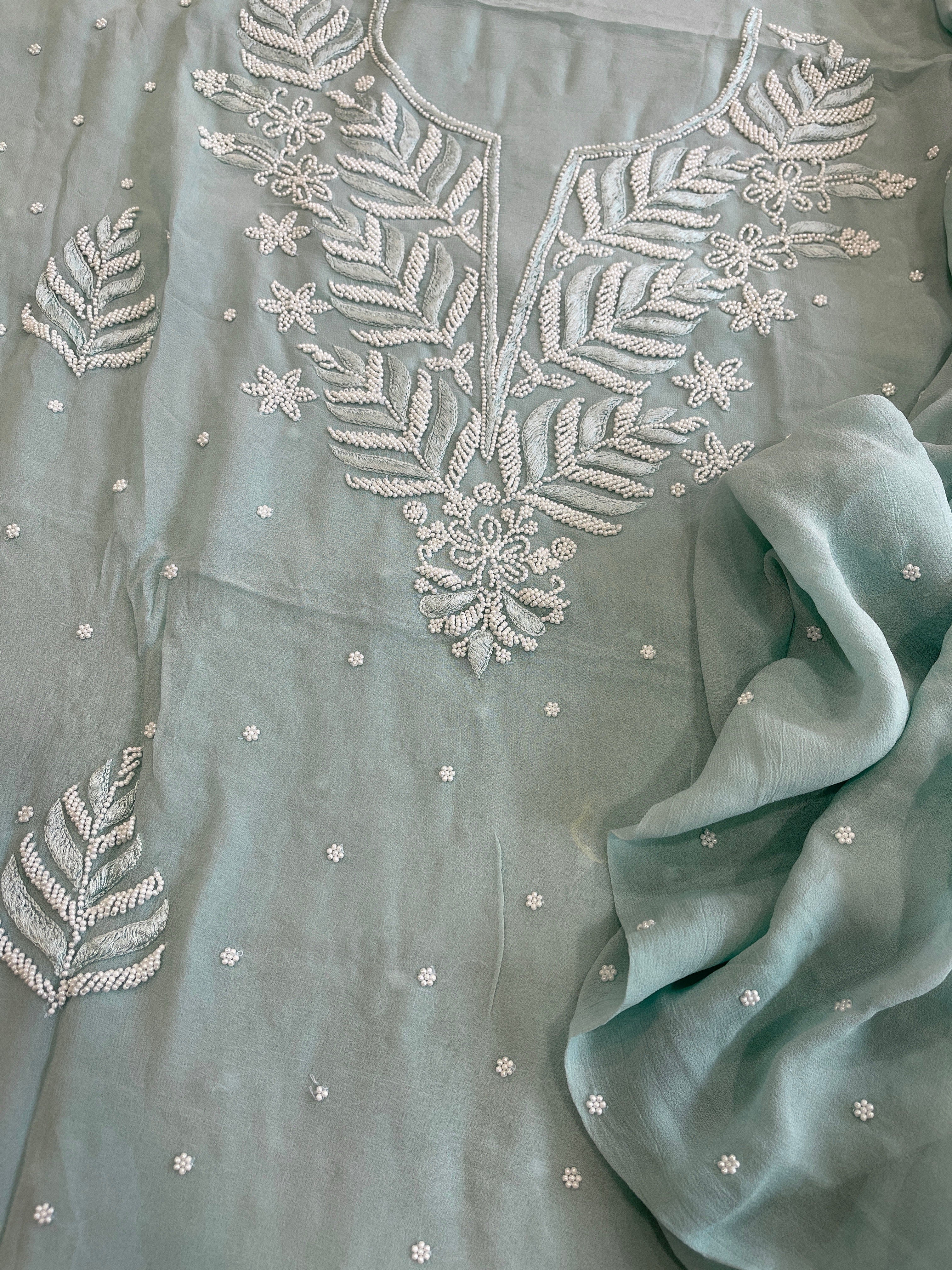 Aqua Suit Set with Pearl and Thread Handwork in Georgette - Masakalee