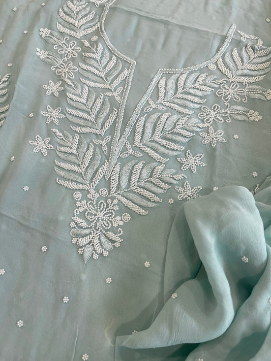 Aqua Suit Set with Pearl and Thread Handwork in Georgette - Masakalee