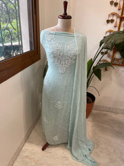 Aqua Suit Set with Pearl and Thread Handwork in Georgette - Masakalee
