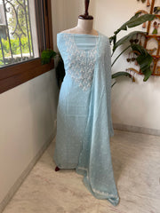 Aqua Suit Set with Pearl, Cut Daana and Thread Handwork in Pure Mul Chanderi - Masakalee