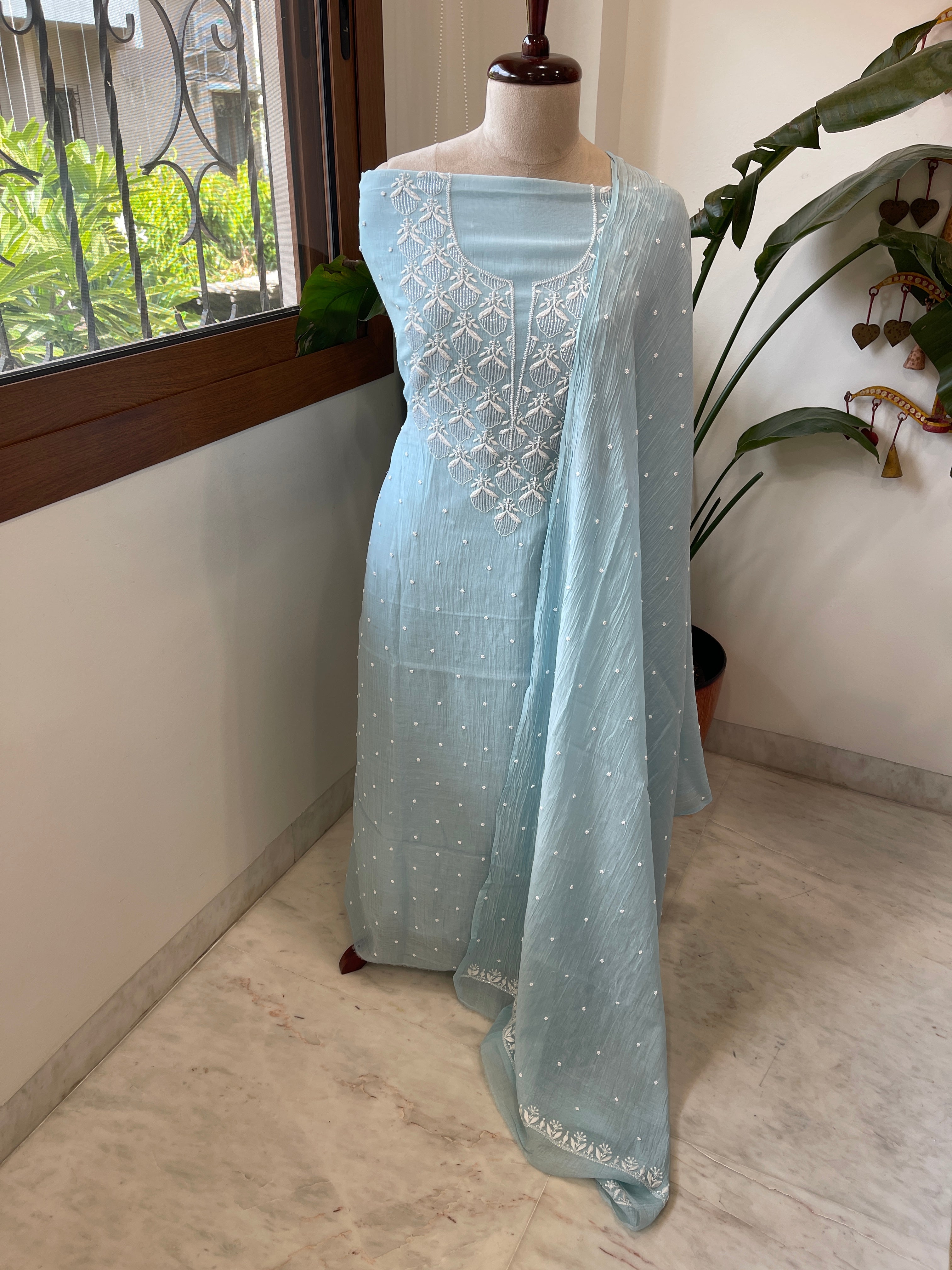 Aqua Suit Set with Pearl, Cut Daana and Thread Handwork in Pure Mul Chanderi - Masakalee