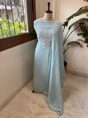 Aqua Suit Set with Pearl, Cut Daana and Thread Handwork in Pure Mul Chanderi - Masakalee
