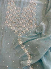 Aqua Suit Set with Pearl, Cut Daana and Thread Handwork in Pure Mul Chanderi - Masakalee