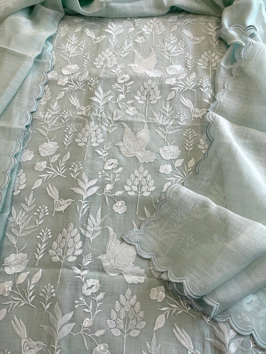 Aqua Suit Set with Thread Embroidery in Pure Mul - Masakalee