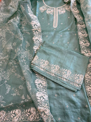 Aqua Suit Set with Thread Embroidery in Pure Tussar Silk - Masakalee