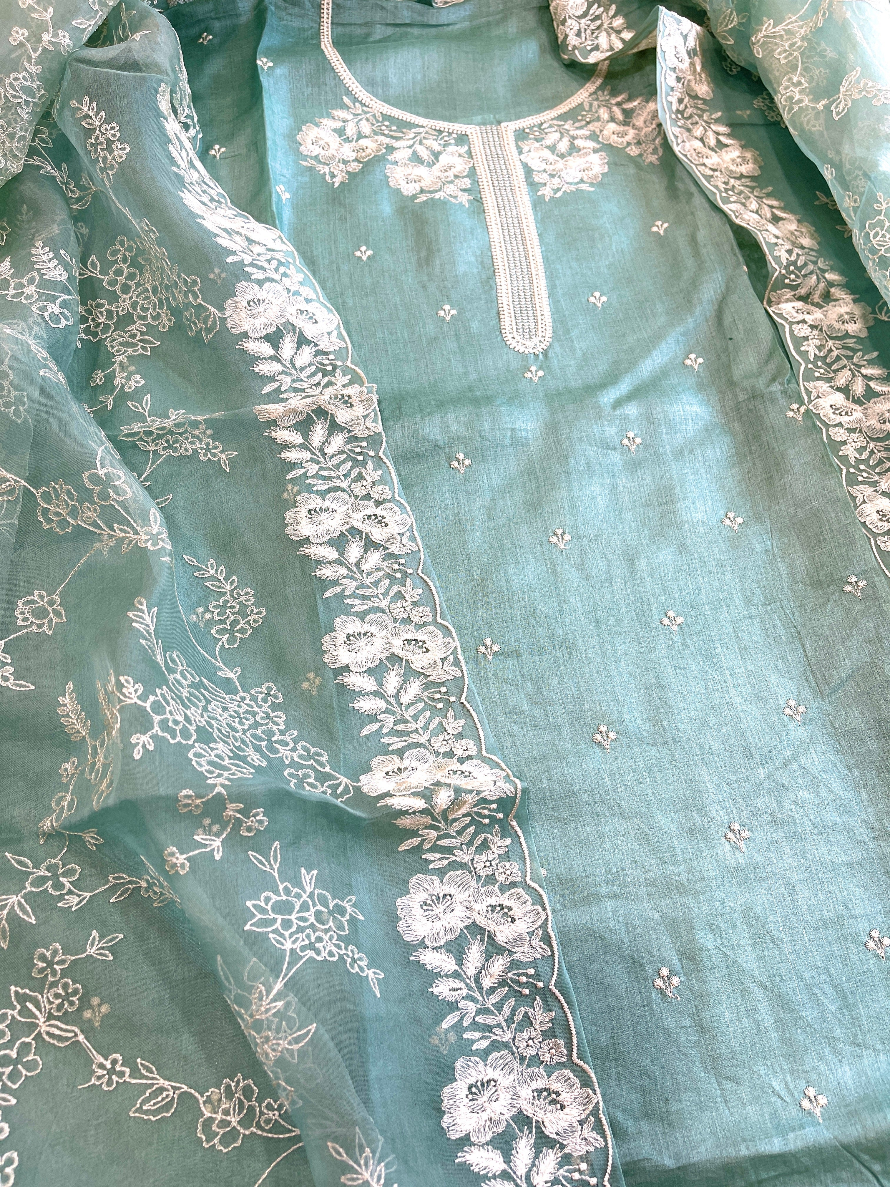 Aqua Suit Set with Thread Embroidery in Pure Tussar Silk - Masakalee