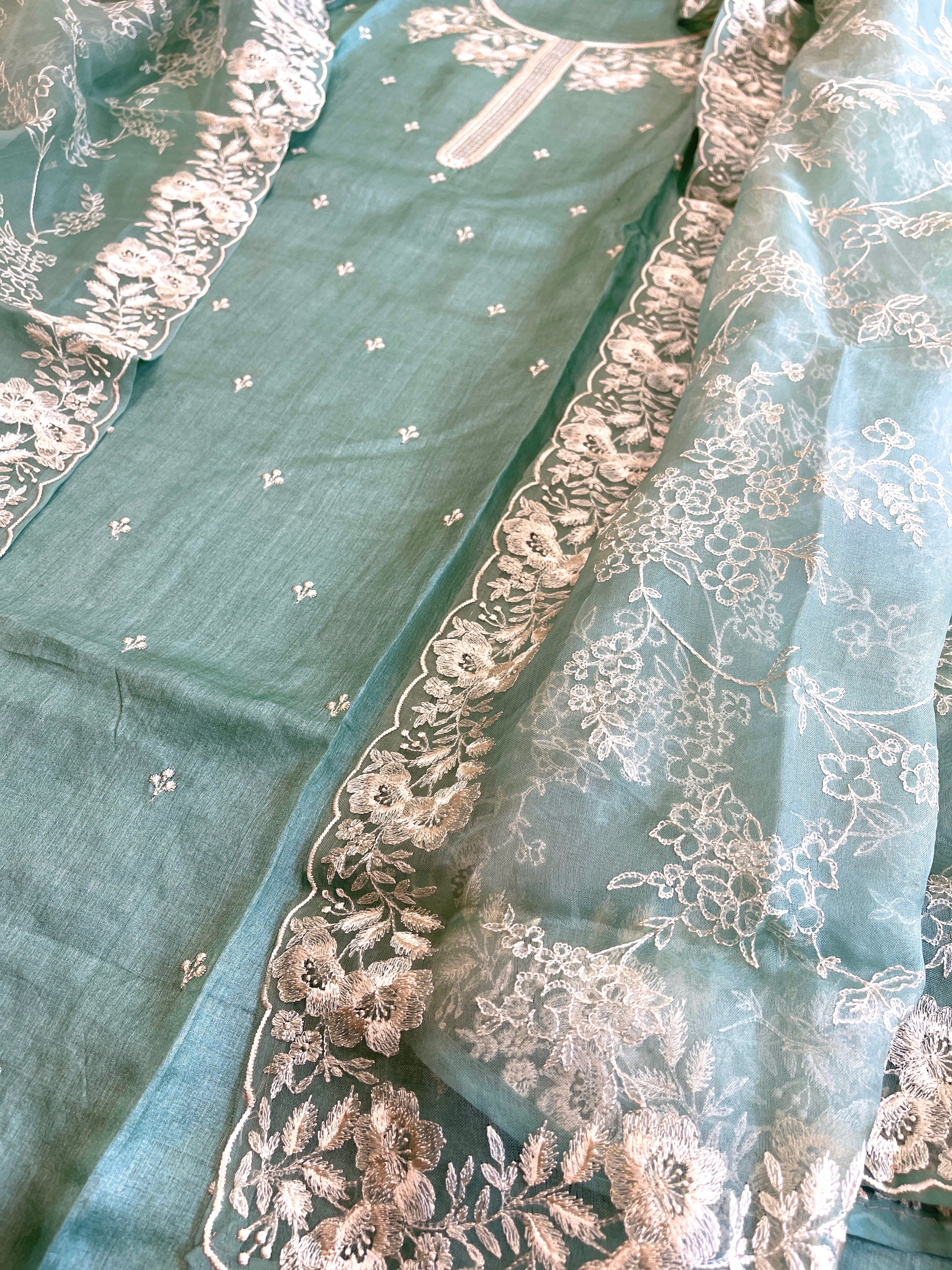 Aqua Suit Set with Thread Embroidery in Pure Tussar Silk - Masakalee