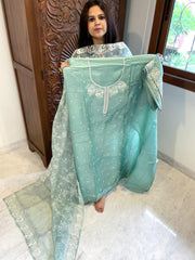 Aqua Suit Set with Thread Embroidery in Pure Tussar Silk - Masakalee
