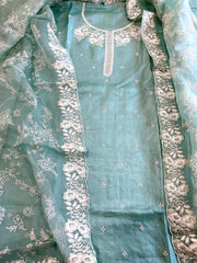 Aqua Suit Set with Thread Embroidery in Pure Tussar Silk - Masakalee