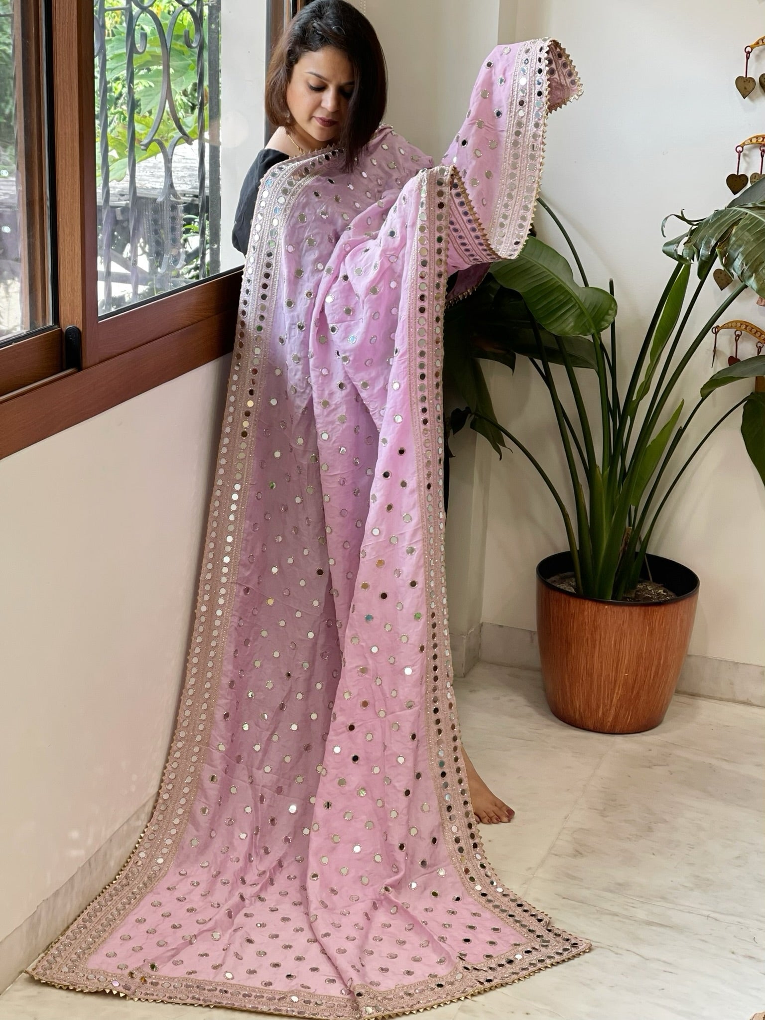 Baby Pink Crepe Dupatta with Mirror and Cut Daana Work with Gota Lace Border - Masakalee