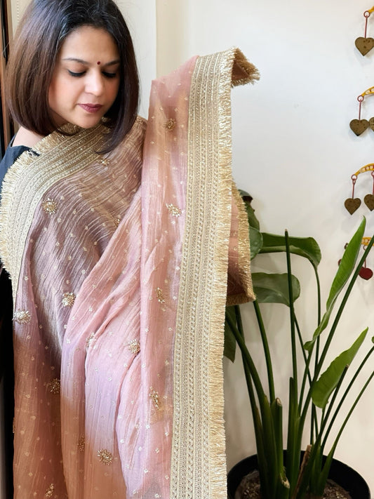 Baby Pink Crushed Tissue Dupattas with Cut Daana, Sequin Work and Gota Border - Masakalee