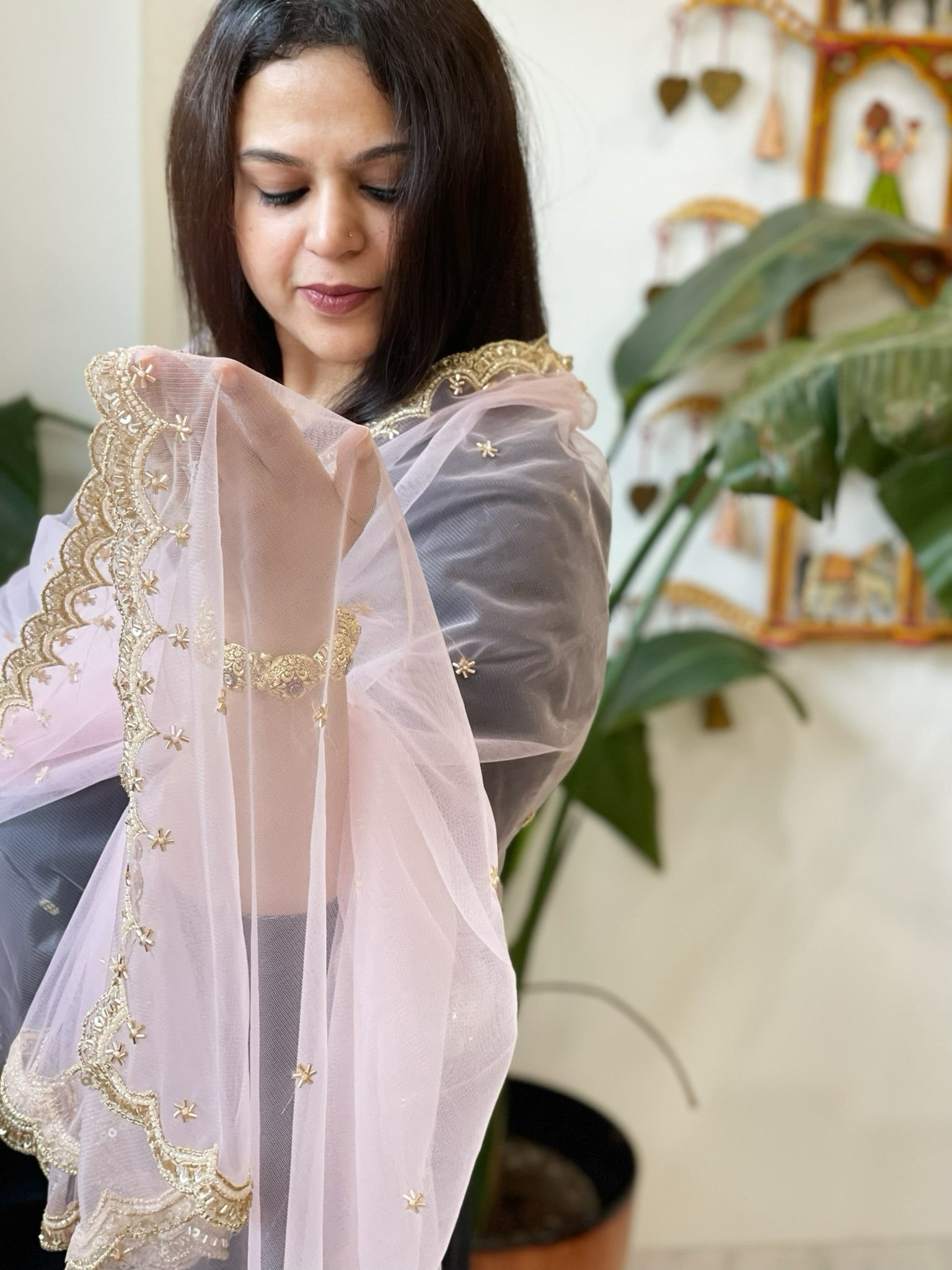 Baby Pink Net Dupatta with Pearl, Sequin and Cut Daana Embroidery - Masakalee