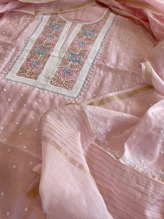 Baby Pink Suit Set with Pearl, Cut Daana and Thread Handwork in Pure Mul Chanderi - Masakalee