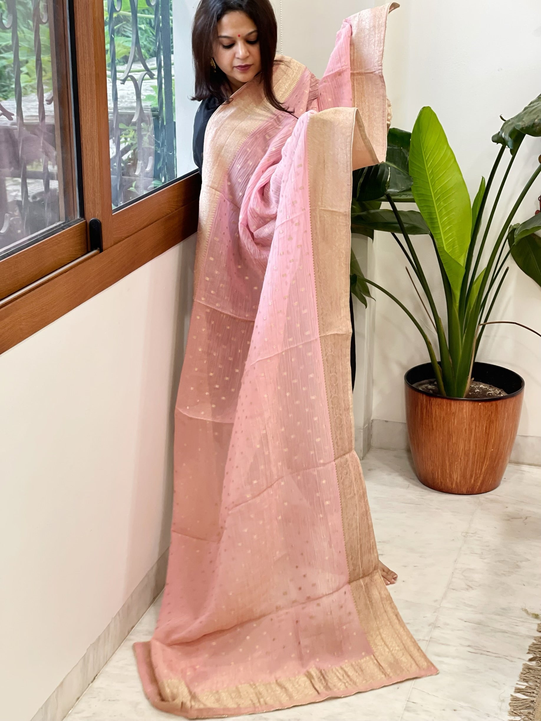 Baby Pink Woven Banarasi Dupatta in Tissue - Masakalee