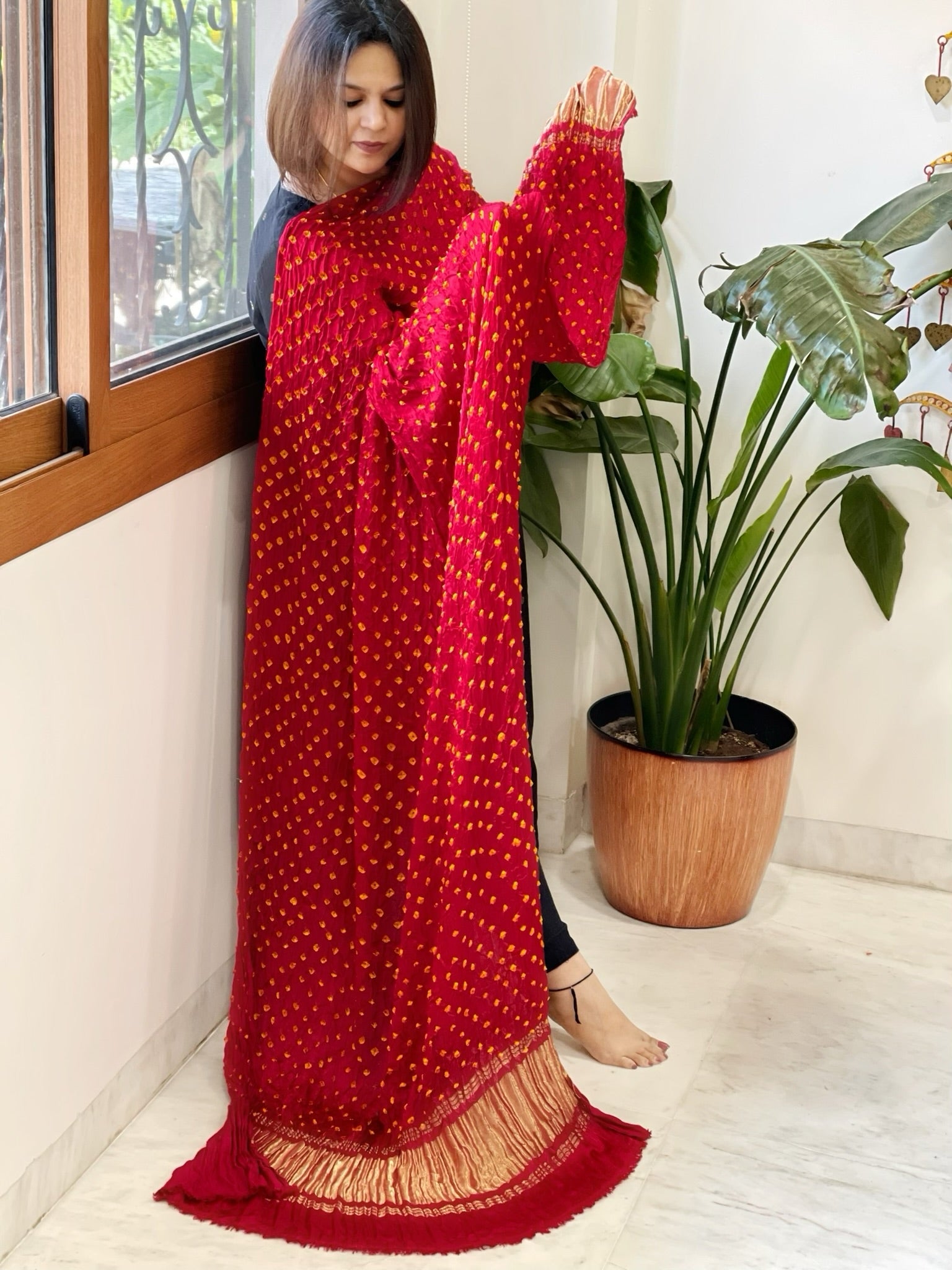 Bandhani Dupatta with Zari Pallu in Modal Silk - Masakalee