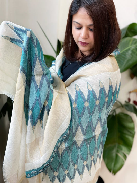 Beige, Blue Woven Ikat Pashmina Stole - Masakalee