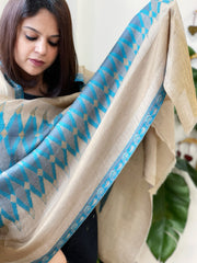 Beige, Blue Woven Ikat Pashmina Stole - Masakalee