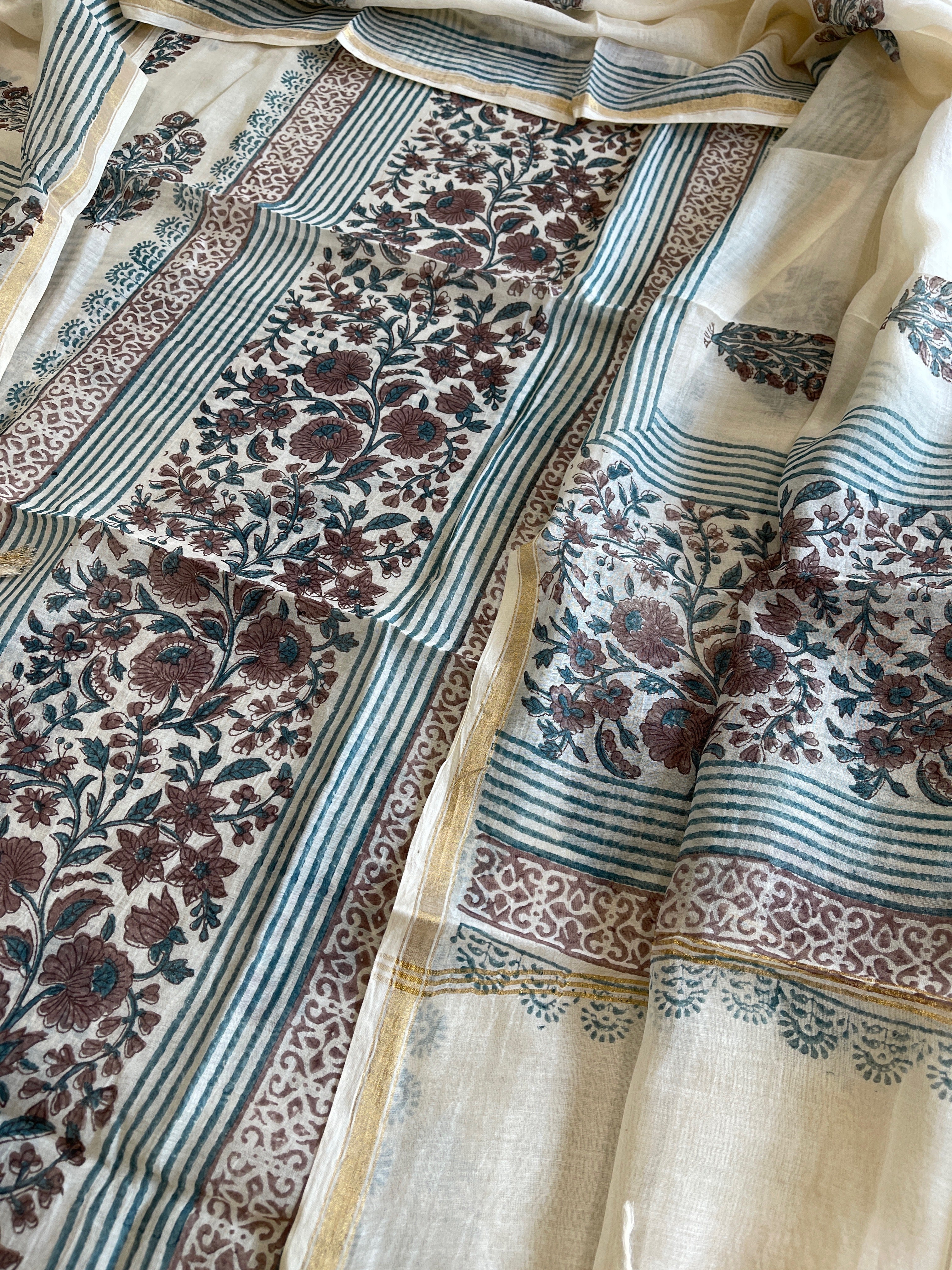 Beige Handblock Printed Suit Set in Mul Cotton - Masakalee