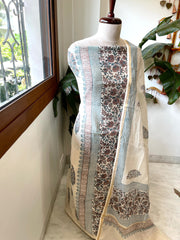 Beige Handblock Printed Suit Set in Mul Cotton - Masakalee