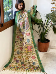Beige Handpainted Kalamkari Dupatta with Thread & Mirror Handwork in Chanderi Silk - Masakalee