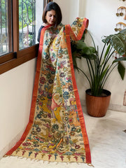 Beige Handpainted Kalamkari Dupatta with Thread & Mirror Handwork in Chanderi Silk - Masakalee