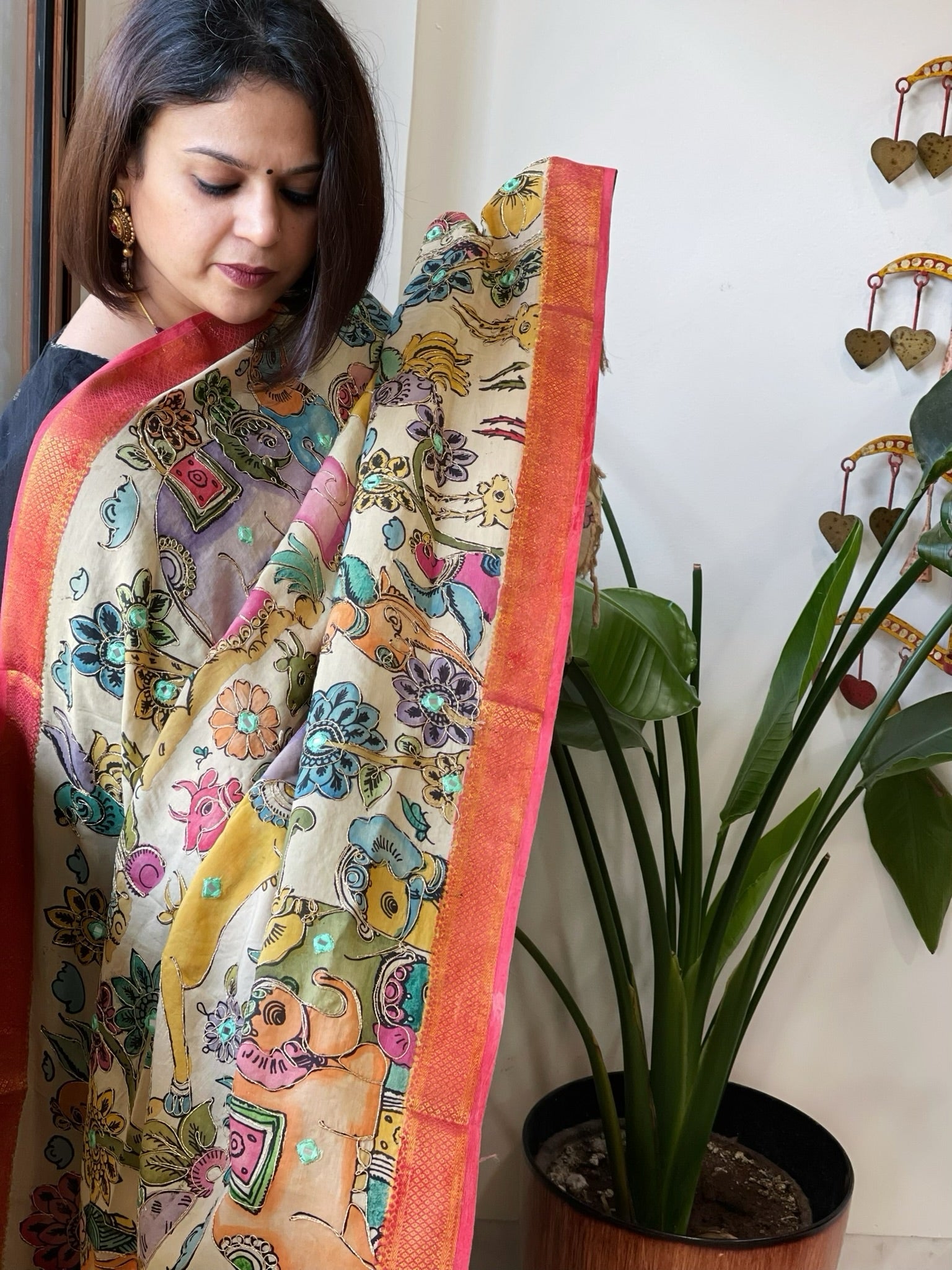 Beige Handpainted Kalamkari Dupatta with Thread & Mirror Handwork in Chanderi Silk - Masakalee