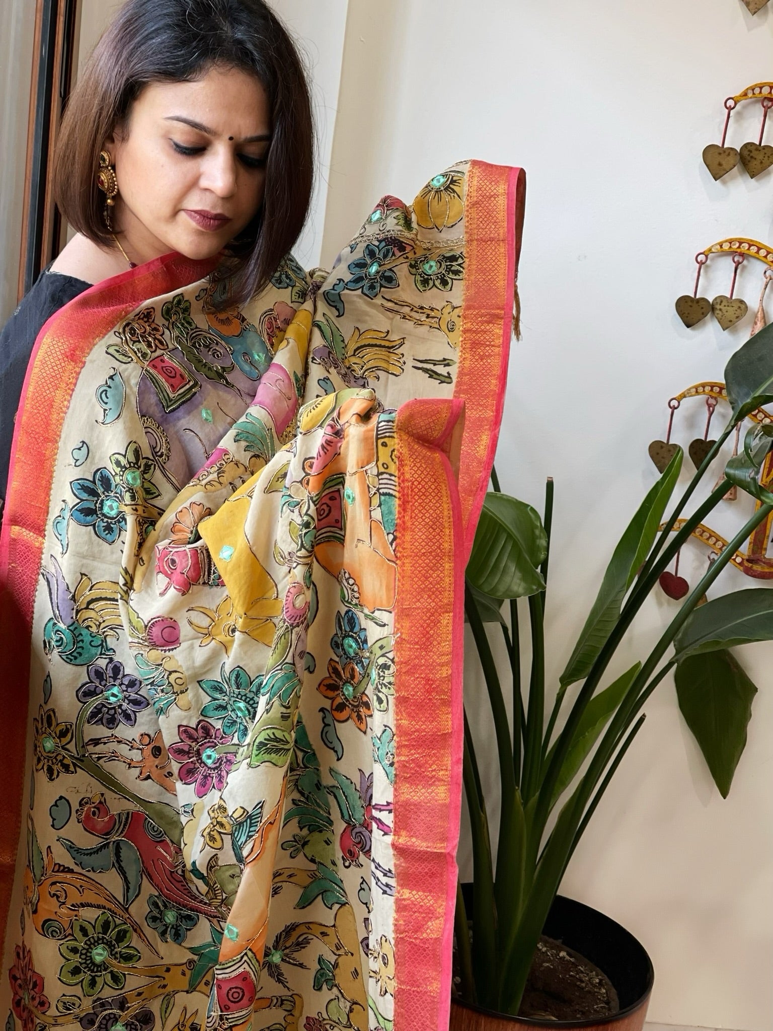 Beige Handpainted Kalamkari Dupatta with Thread & Mirror Handwork in Chanderi Silk - Masakalee