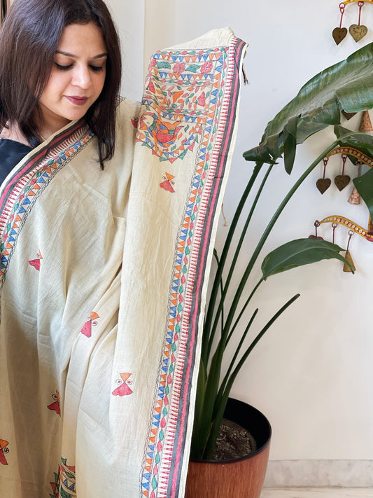 Beige Handpainted Madhubani Dupatta in Pure Cotton - Masakalee