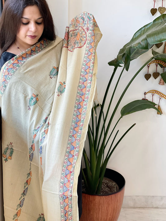 Beige Handpainted Madhubani Dupatta in Pure Cotton - Masakalee