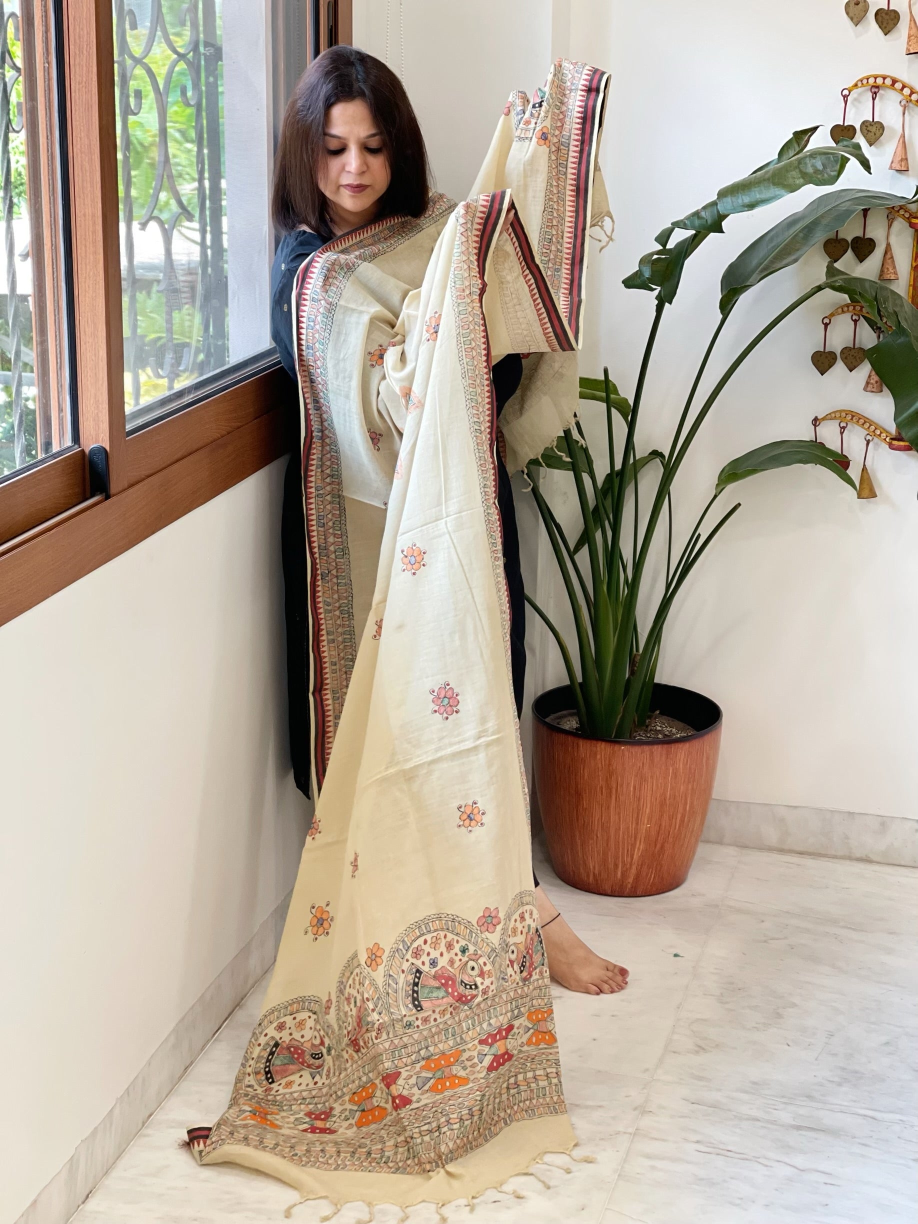 Beige Handpainted Madhubani Dupatta in Pure Cotton - Masakalee