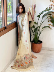 Beige Handpainted Madhubani Dupatta in Pure Cotton - Masakalee