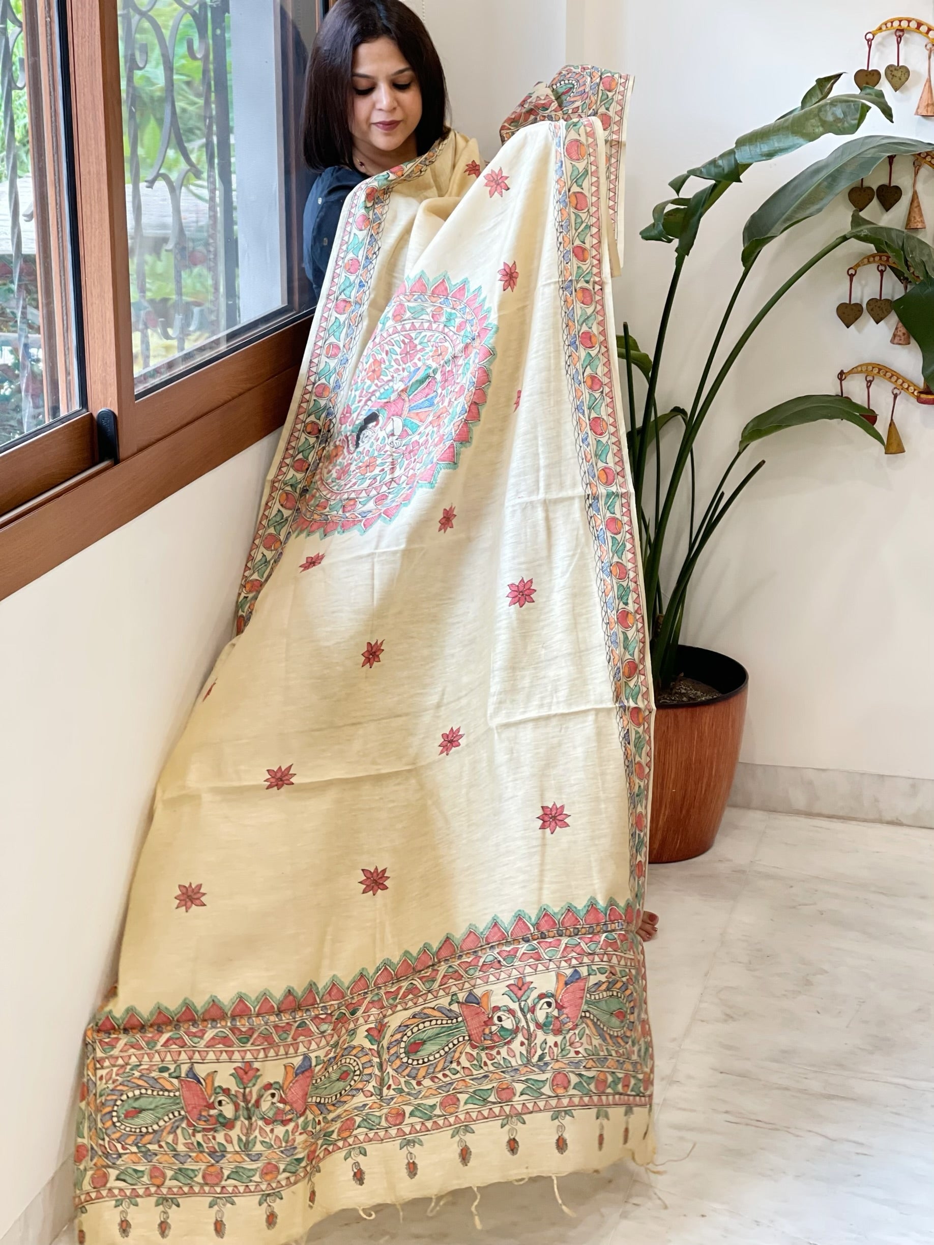 Beige Handpainted Madhubani Dupatta in Pure Cotton - Masakalee