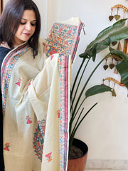 Beige Handpainted Madhubani Dupatta in Pure Cotton - Masakalee